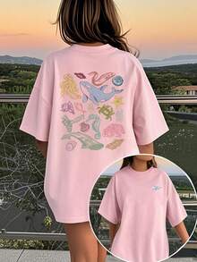 1pc Casual Dolphin Print Crew Neck Short Sleeve T-Shirt, Designed For Girls And Kids - Adorable Dolphin Theme, Fun And Colorful, Inspiring Imagination Of Every Child! Children Clothing, Girls Graphic Tee, Summer Top, Teen Apparel