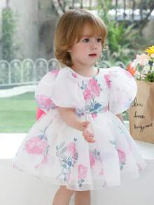 Baby Mädchen Elegantes Prinzessinnenkleid mit Schleife und Blumenprint, Mesh Puffärmel, perfekt für 1. Geburtstag, Hochzeit, Blumenmädchen, Schulaufführungen, Feierlichkeiten