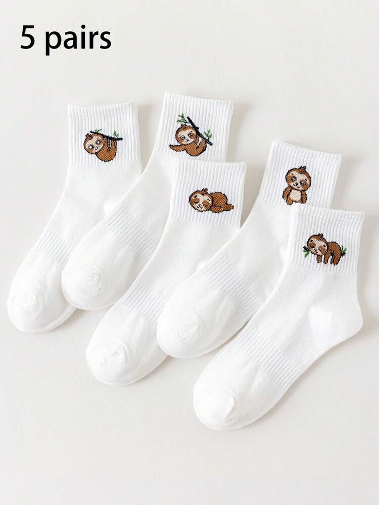 5 双男女款休闲可爱卡通树懒动物印花中筒袜，舒适时尚，适合夏季裙子、短裤和平底鞋搭配，春夏季全季，独家设计，秋季 - 白色 - 查看 2