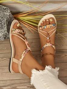 女士宽楦平底凉鞋，时尚奢华舒适凉鞋，百搭派对凉鞋，轻便户外沙滩休闲凉鞋，宽楦设计，适合夏季日常穿着、派对及户外活动 - 米色 - 查看 2