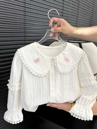 M.Dian xi Girls Bow Embroidered Long Sleeve Blouse, Sweet Ruffle Collar Preppy Style Top
