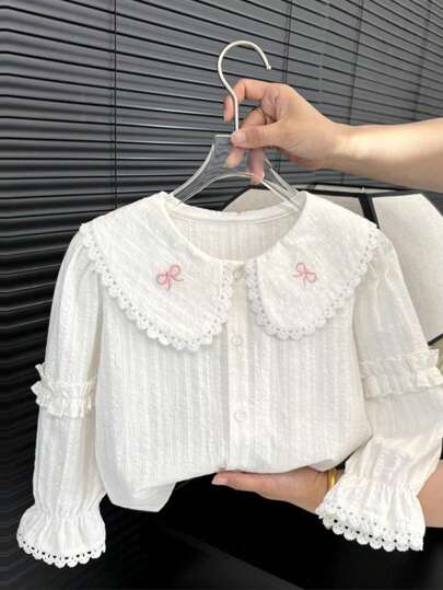 M.Dian xi Mädchen Bluse mit Schleifen-Stickerei und Langarm, süßer Rüschenkragen Preppy Stil Top