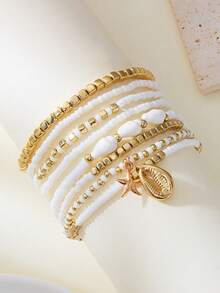 8pcs Fashionable Premium Versatile Niche Design Simple Multi-Layer Anklet Set, Cube Metal With Rice Pearl Beads, Starfish & Sea Shell Pendant, Mix-Match Suitable For All Occasions, Gift Choice - Multicolor - View 2