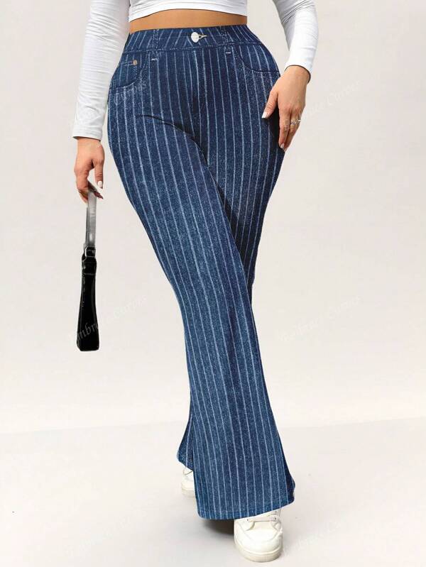 Pantalones anchos elásticos, cómodos y de moda para mujer de talla grande con efecto de mezclilla y diseño de rayas verticales impresas