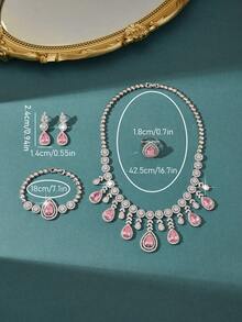 5件套奢华首饰套装：项链、耳环、戒指、手链，饰以粉色水滴形人造锆石，适合中东派对、宴会、日常佩戴、搭配礼服、婚礼等场合。 - 四件套 - 查看 2