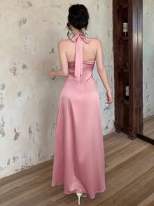 Sexy Deep V-Neck Backless Wrap High Slit Satin Elegant Party Maxi Dress, Romantic & Charming, Suitable For Graduation Party, Wedding, Formal Dinner, Birthday Party And Other Occasions, Young & Fiery Style - Pink - View 3
