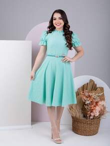 Women's Midi Dress With Belt Romantic Luxury Lese Cotton High Neck Elegant Modest Beautiful Party Wedding Zipper Buttons - 淺綠色 - 查看 1
