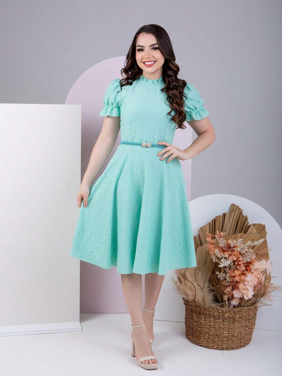 Women's Midi Dress With Belt Romantic Luxury Lese Cotton High Neck Elegant Modest Beautiful Party Wedding Zipper Buttons - 淺綠色 - 查看 1