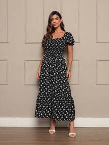Long Dress With Puffed Sleeves Elastex Print - Black Color - View 1