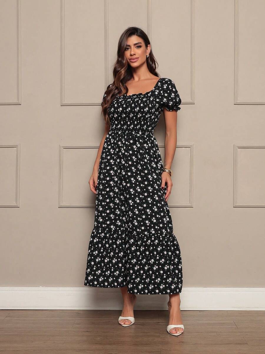 Long Dress With Puffed Sleeves Elastex Print - Black Color - View 1