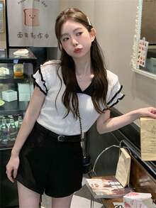 女士可爱优雅返校新款短袖针织毛衣，拼色马球领短款上衣