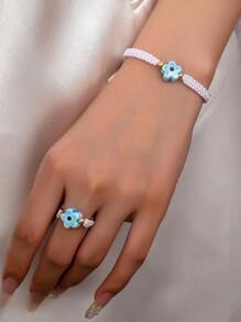 2pcs Set Handmade Woven Floral Ring And Bracelet, Fashionable And Elegant Design Suitable For Women's Daily & Holiday Wear