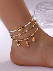 3 Pcs Bohemia White Beads Layered Anklets Set Women Fashion Summer Beach Style Starfish Fish Shell Decor Beaded Foot Chain Boho Beaded Anklet - Multicolor - View 1
