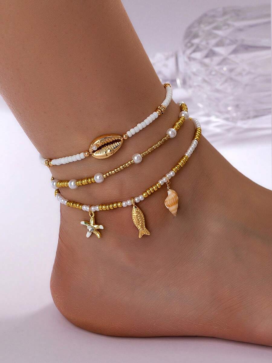3 Pcs Bohemia White Beads Layered Anklets Set Women Fashion Summer Beach Style Starfish Fish Shell Decor Beaded Foot Chain Boho Beaded Anklet - Multicolor - View 1