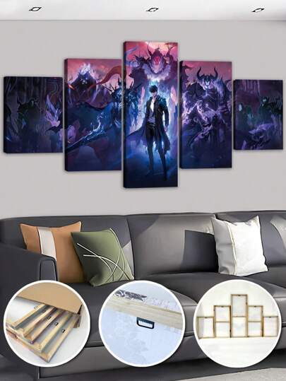 1pc/5pcs Wall Art With Frame,5-Piece Anime Wall Art Print Set - "I'm Alone" Character Poster, Modern Home Decor Canvas Painting, Purple And Black Theme,Read To Hang, Living Room Wall Decor | Vibrant Wall Art | Canvas Material, Anime Room Decor