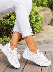 夏季女士透气网眼一脚蹬休闲运动鞋，软底防滑轻便运动鞋 - 白色 - 查看 2