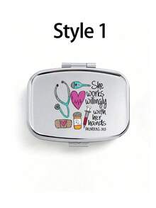 方形药盒，护士图案，便携式药盒，迷你金属收纳盒，便携式珠宝药盒，个性化创意礼物，蝴蝶结，护士帽，药瓶图案，适合旅行、户外活动，可放入包袋和口袋，可用作婚礼礼物、礼品和接待装饰，独特设计的装饰旅行收纳盒，母亲节礼物，送给朋友的礼物，护士礼物 - 銀色 - 查看 10