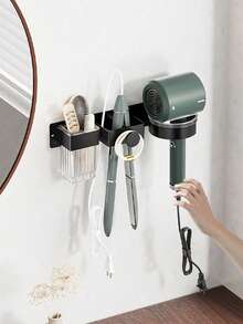1 件壁挂式吹风机支架，无需钻孔，易于安装，浴室吹风机架，直发器和卷发器储物架，多用途收纳架