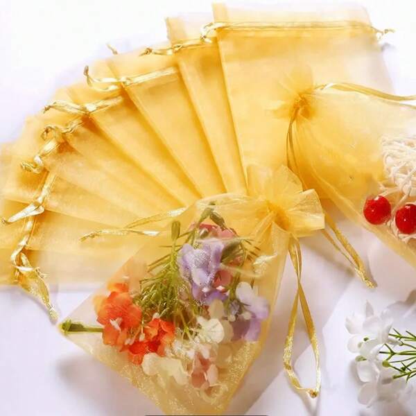 50/100pcs Gold Gift Packaging Bags, Ginger Organza Candy Bags, Colorful Mixed Wedding Favor Bags, Wedding Essential Gift Bags, Tableware, Outdoor Storage Bags, Wedding Candy Packaging Bags, Multi-Size, Various Festival Party Packaging Supplies, Holiday Home Goods, Festival Wedding Party Gift Packaging Supplies