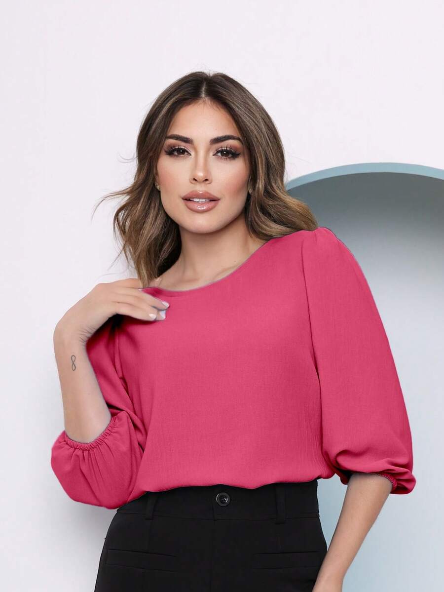 Women's Blouse With 3/4 Sleeves In Plain Dune Fabric - Dusty Pink - View 1