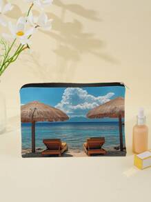 1 Stück Kosmetiktasche mit Reißverschluss und Strandmotiv, Kulturbeutel Organizer für Frauen, Geschenk für Freunde & Lehrer