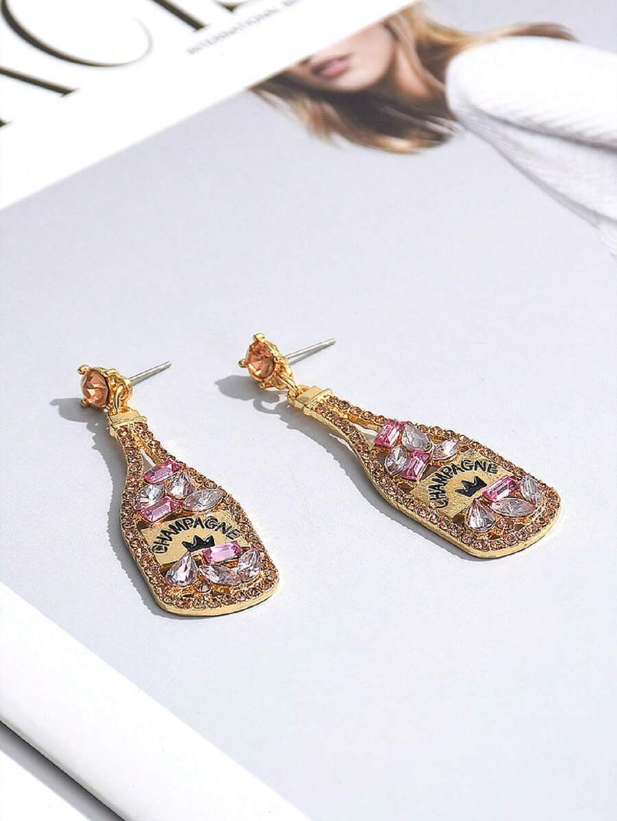 Colorful Rhinestone Fashionable Minimalist Earrings, Party Bottle Letter Stud Earring For Women, Spring - Gold - View 1