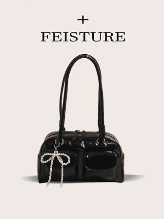 FEISTURE 1pc Solid Color Multi-Pocket PU Bowling Bag Women Shoulder Underarm Bag (Comes With Bow Decor), Suitable For Shopping, Dating, Ladies Gift, Suitable For Teenagers, College Girls, Beginners And Office Ladies, Ideal For Office, Campus, Work, And Commuting, Street & Japanese Bag For Women