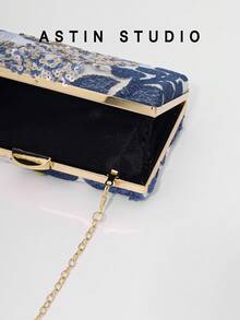 1pc Floral Sequin Decorated Clutch Bag, Elegant Party Purse, Romantic Blue Bridal Wedding Handbag, Luxury Shiny Evening Bag Suitable For Balls, Galas, Gifts With Detachable Chain - Blue - View 7