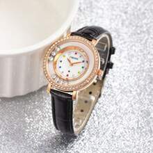 TIRENSE 1pc Elegant Rhinestone Leather Watch Waterproof Quartz Movement Fashionable Women's Watch