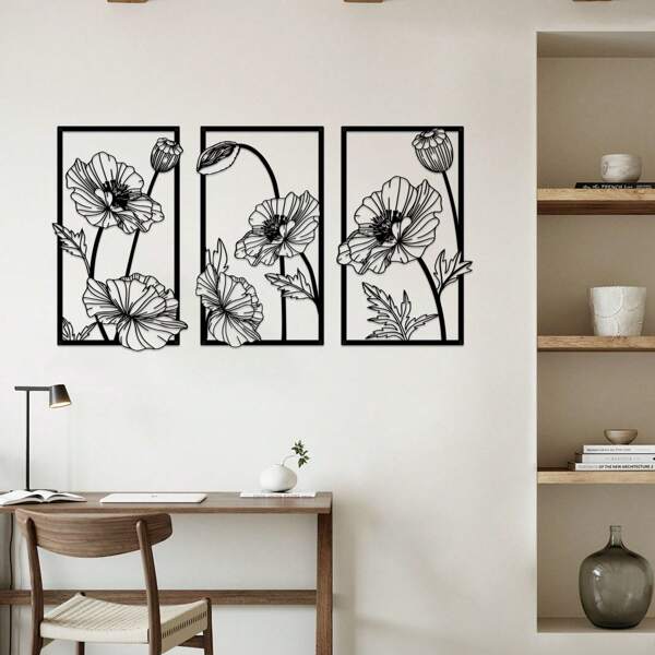 3pcs Hollow Lotus Metal Wall Decor, Black Square Modern Home Decor With Elegant Flowers And Leaves, Office, Kitchen, Bathroom Wall Art, Minimalist Decorative Artwork, Metal Wall Hanging