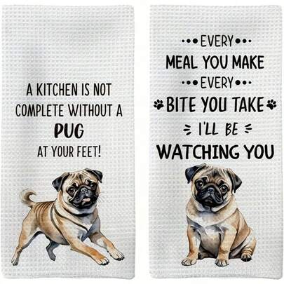 2pcs, 16*24inch, Pug Lover's Kitchen Towels - Ultra Soft Polyester, Machine Washable, Modern Fantasy Design For Home Decor & Gifts