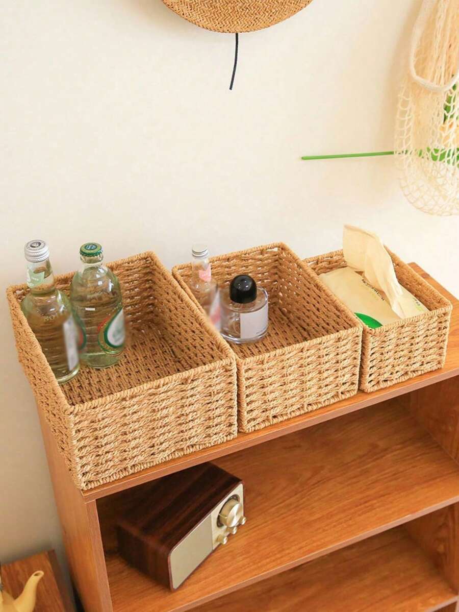 1pc/3pcs Home Decor Woven Storage Baskets, Vintage Handcraft Organizers For Sundries, Countertop, Entryway - Brown - View 1