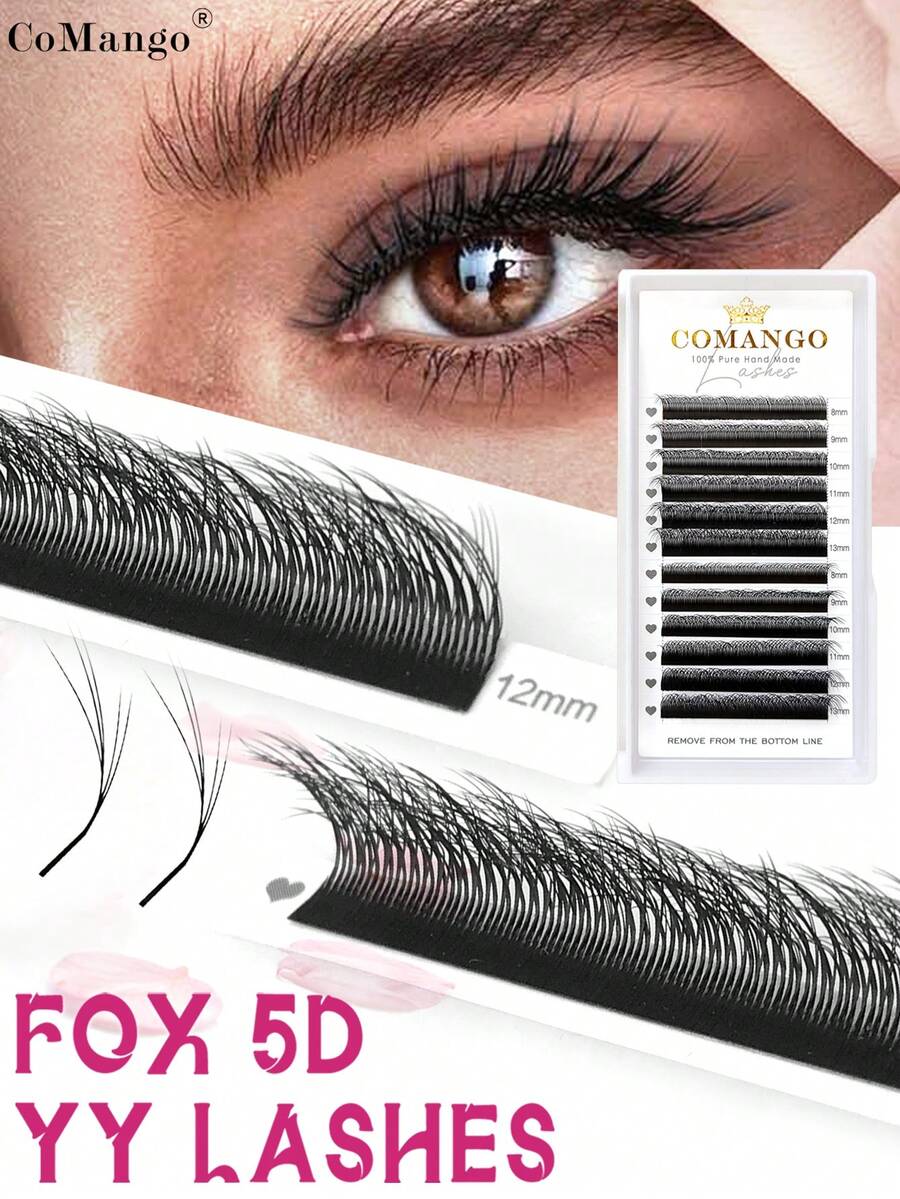 Bộ nối mi Fox 5D hình chữ Y 12 hàng, độ cong C/D, sợi mi mỏng 0.07mm, chùm mi mắt mèo 8-13mm, mi mềm mại tự nhiên, chùm mi trang điểm, chùm mi, mi giả.