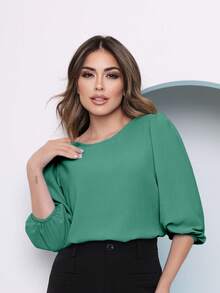 Women's Blouse With 3/4 Sleeves In Plain Dune Fabric - 青碧色 - 查看 2