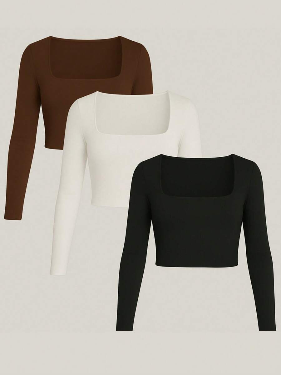 3-Pack Cropped Long Sleeve Square Neckline Basic Women's Winter