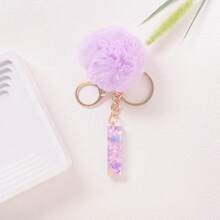 冬季圣诞节假日礼物家居装饰 - 粉色爱心字母钥匙扣，带柔软蓬松的绒球，甜美包包挂饰，A-Z 26个字母吊坠