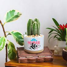 1pc Ceramic Planter Pot With Bamboo Tray (3.6"X2.6"), Succulent Planter, Nurse Life Theme - Nurse Cap, Stethoscope, Pill Elements With "Nurse Life" Text, Planter Pot Gift, Yard Decor, Desktop Decoration