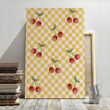 1pc Cherry Pattern, Plaid Background, Retro Style Framed Wall Print Canvas Wall Art - Retro 2D Artwork Wall Poster Decoration For Living Room, Bedroom, Home Decor, Ready To Hang - Multicolor - View 1