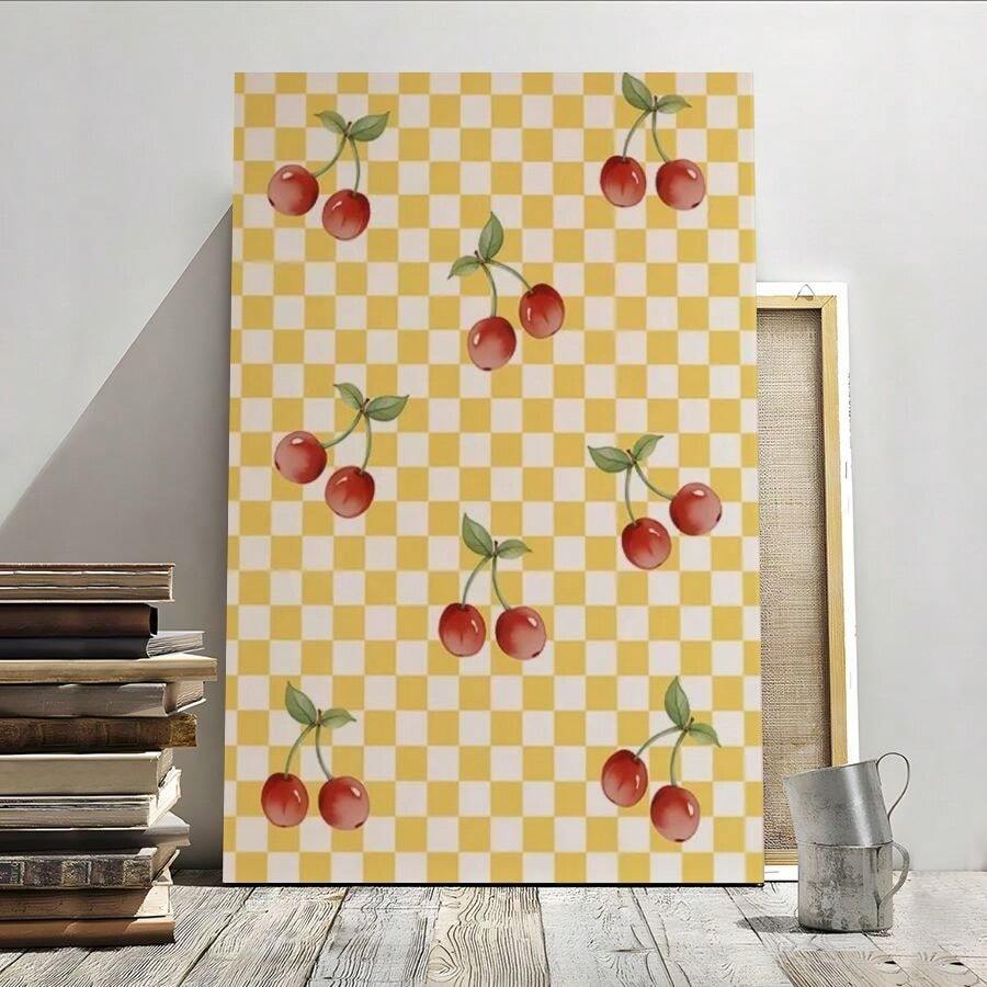 1pc Cherry Pattern, Plaid Background, Retro Style Framed Wall Print Canvas Wall Art - Retro 2D Artwork Wall Poster Decoration For Living Room, Bedroom, Home Decor, Ready To Hang - Multicolor - View 1