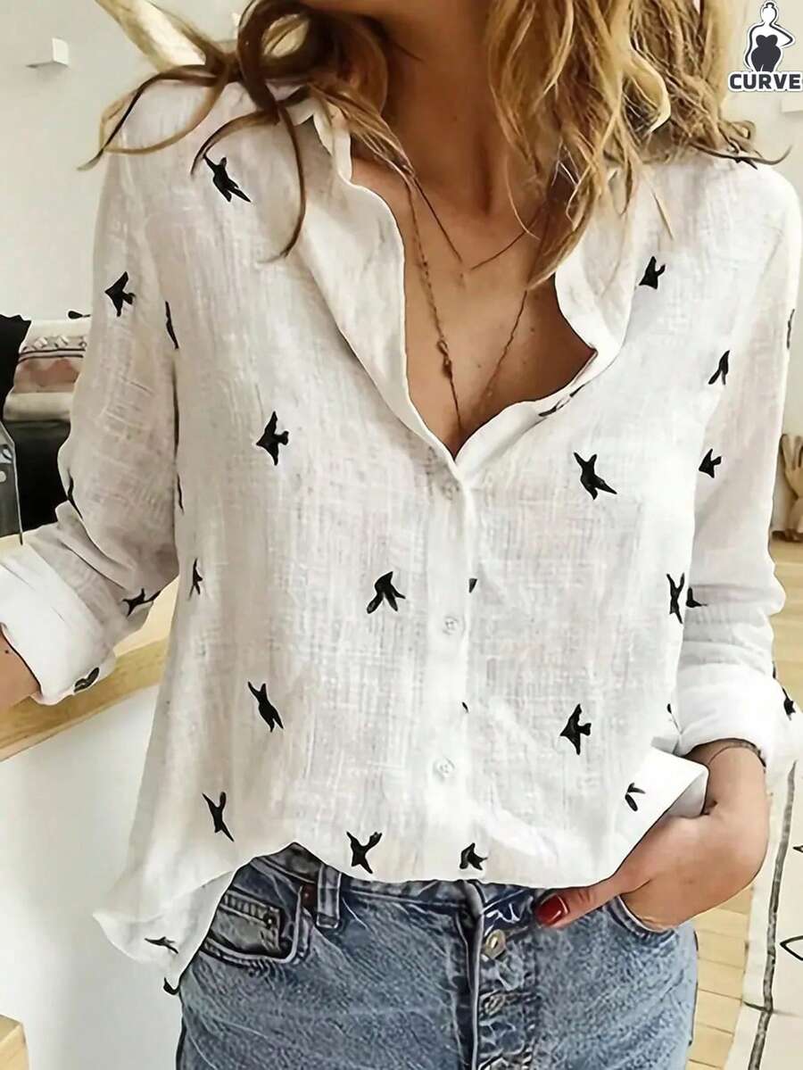Plus Size Women's Casual Bird Print Music Festival Lapel Buttoned Long Sleeve Shirt, Spring & Summer