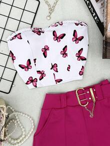 AMYLAN FASHION Neoprene Set Of Butterfly Crop Top With Padding + Shorts With Belt - Màu Hồng Tươi - Xem 2