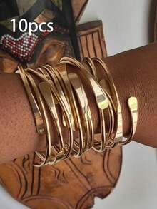 5/10pcs Luxury Retro Boho Adjustable Stackable Bracelets, Golden Cuff Bracelets For Women Men Daily Party Holiday Chunky Jewelry Gift - Multicolor - View 13