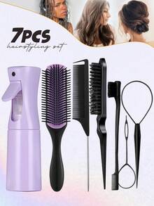 5/7件套美发工具套装，包含法式编发工具环、9排尼龙软垫造型刷、200毫升连续喷雾瓶、蓬松发梳、尖尾梳、边缘梳（用于梳理发际线和后脑勺）、边缘控制梳、尖尾梳、长钢针尖尾蓬松梳、精准分缝梳、蓬松梳发刷、返校季、发刷、发刷 - 彩色 - 查看 3