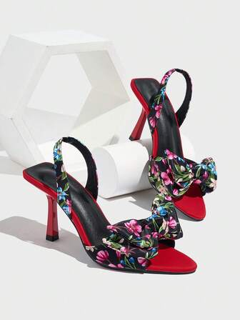 Women's Butterfly Decor Pointed Toe Elastic Strap High Heel Sandals, Elegant Party & Daily Wear, Fashion Red Satin High Heel Sandals For Summer & Autumn