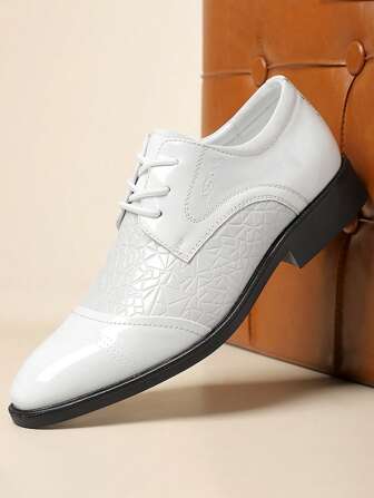 Men's White Embossed Formal Dress Leather Shoes, Patent Leather British Style Groom Wedding Shoes, Lace-Up Office Commute Formal Shoes