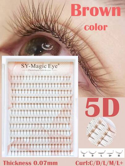 棕色睫毛延长，每盒 240 片，卷曲度 C/D/L/M/L+，厚度 0.07 毫米，5D，锋利窄茎预制扇形，DIY 睫毛簇自然外观、纤细、超柔软、超轻，适合日常生活、派对和音乐节，手工嫁接假睫毛睫毛簇，睫毛簇，单根睫毛，睫毛，假睫毛
