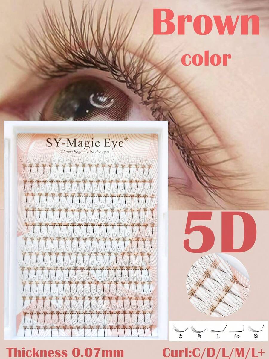 240片/盒棕色假睫毛，卷度C/D/L/M/L+，粗细0.07mm，5D，锥形睫毛簇，DIY自然妆效，轻盈柔软，适合日常、派对、音乐节等场合。纯手工制作单根睫毛嫁接。