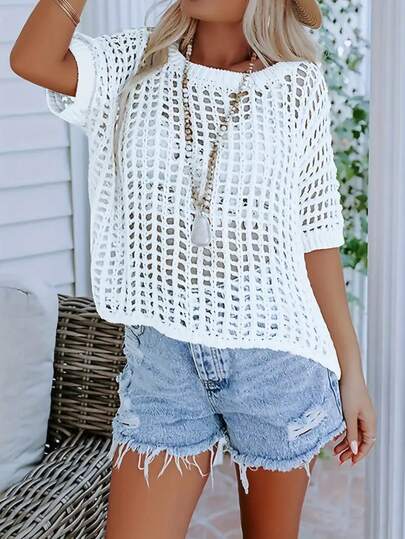 Women's Summer Elegant Hollow Out Short Sleeve Pullover Sweater, Beach Cover-Up White Spring