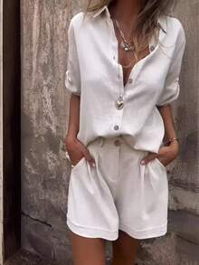 2pcs/Set Women Casual Loose Stylish And Elegant Shirt And Shorts White Summer - White - View 4