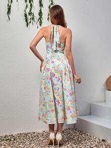 PARTHEA 挂脖系带花卉印花紧身褶饰连衣裙 - 藍色 - 查看 2